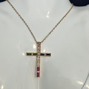 Elegant Gold Cross Necklace with Multicolor Gemstones
